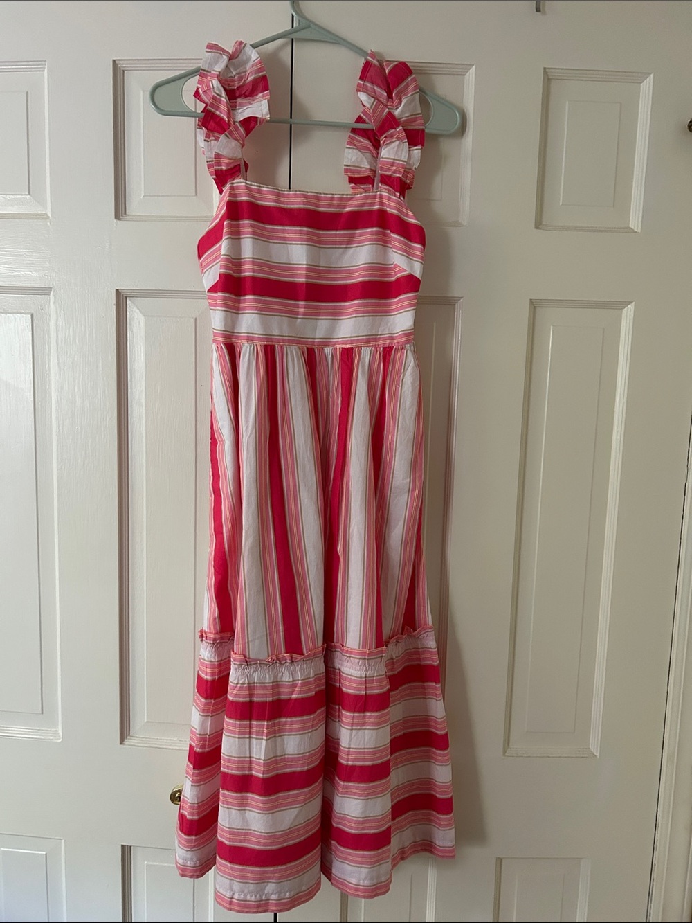 J. Crew Pink and White Striped Ruffle-Shoulder Maxi Dress size 0. NWT